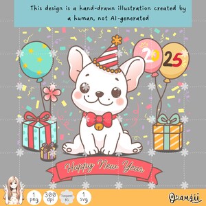 Niedliche Französische Bulldogge Neujahr 2025 Digitale Illustration | Party Hund Clipart | SVG & PNG für DTF-Druck | Neujahrs-Grußkarten-Design