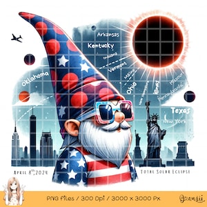 2024 American Eclipse Gnome Art (A) - Natychmiastowe pobranie cyfrowe - Patriotyczna dekoracja wydarzenia słonecznego