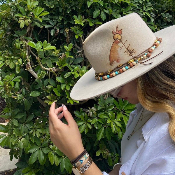 Beige / Tan Fedora Western Style Cowboy Hat Size 7/ Medium Boho Tribal Native Turquoise Beads Accessories on Hat Style