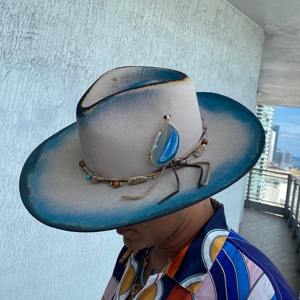 Blue Ocean Sea Spray Painted Blue Extra Large Men’s Custom Wide Brim Fedora Cowboy Hat