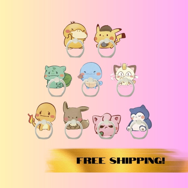 Pokemon Chibi Phone Ring Stand, Cute Anime Grip Holder, Gift for Anime Lover, Pikachu Squirtle Charmander Bulbasaur Snorlax Jigglypuff Eevee
