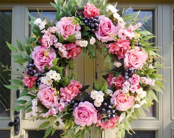 Spring Hot Sale Spring Rose Swag Wreath,Mother’s Day gift, Housewarming Gift, Farmhouse Ereath, Spring summer door wreath