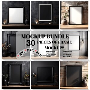 May include: A mockup bundle of 30 black picture frames in various sizes and styles. The frames are displayed against different backgrounds, including brick, wood, and concrete. The frames are ideal for showcasing artwork, photos, or other decorative items.