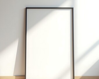 Könnte beinhalten: Ein schwarzer Bilderrahmen mit weißem Hintergrund, der an einer weißen Wand mit Holzboden lehnt.
