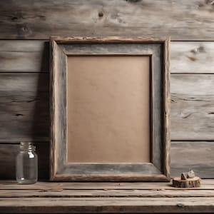 May include: A rustic wooden frame with a blank canvas inside, sitting on a wooden table with a small piece of wood and a clear glass jar.