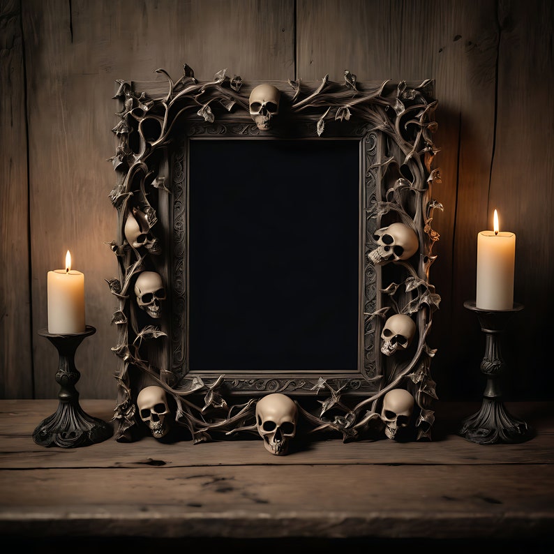 Puede incluir: Un marco de madera oscura con un dise&ntilde;o ornamentado con calaveras y enredaderas. El marco est&aacute; vac&iacute;o y tiene un fondo negro. Dos candelabros con velas encendidas est&aacute;n a cada lado del marco.