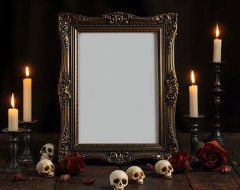 May include: An ornate gold frame with a blank white canvas, surrounded by candles, skulls, and red roses on a dark wooden surface.