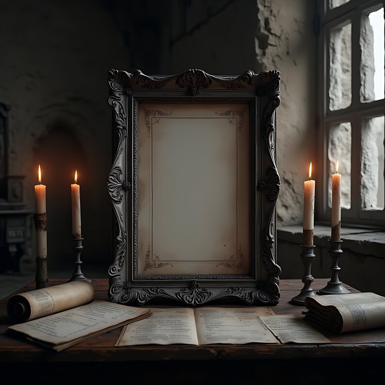 Puede incluir: Un marco vintage, adornado, pintado en plata con un interior blanco en blanco, rodeado de tres velas encendidas en candelabros antiguos, y papel pergamino viejo enrollado y libros abiertos sobre una mesa de madera.