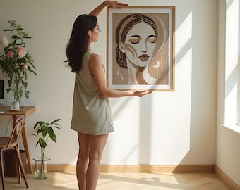 Mockup vrouw met lijst | Sjabloon muurkunst | PSD-lijstmodel | Mockup voor muurkunst | Poster met persoon | Kunstwerklijst | Lijst met persoon