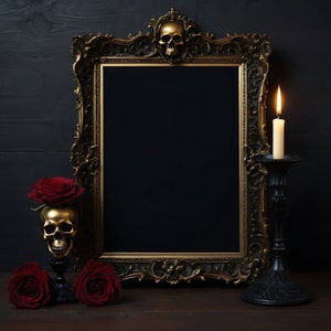 May include: A gold ornate picture frame with a black background, a lit candle in a black candlestick, and two red roses in gold skull vases.