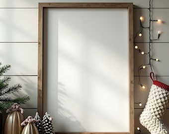 Christmas Poster Wood Frame Mockup | Christmas Frame PSD| Digital Frame Mockup | Christmas Frame Mockup | Festive Mockup | Wood Frame Mockup