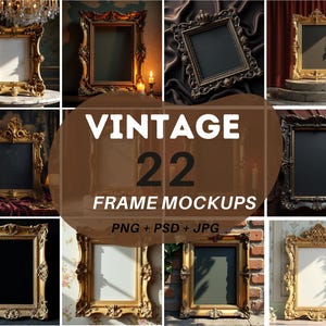 May include: A collection of 22 vintage picture frame mockups in various styles and colors. The frames are displayed against different backgrounds, including a velvet curtain, a marble surface, and a brick wall. The frames are all empty, ready for your own images or designs.