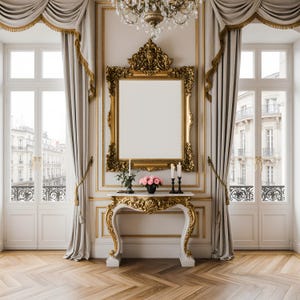 May include: A luxurious interior with a large gold mirror, a marble-topped console table, and a crystal chandelier. The room has white walls with gold detailing, tall windows, and light-coloured curtains. The floor is wood with a herringbone pattern.