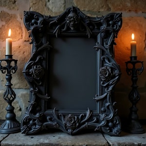 May include: A black ornate picture frame with a skull and roses carved into the design. The frame is empty and has a dark background.