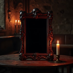 Puede incluir: Un espejo de madera oscura adornado con detalles de calavera y una superficie reflectante negra. El espejo est&aacute; sobre una mesa de madera con una vela encendida delante.