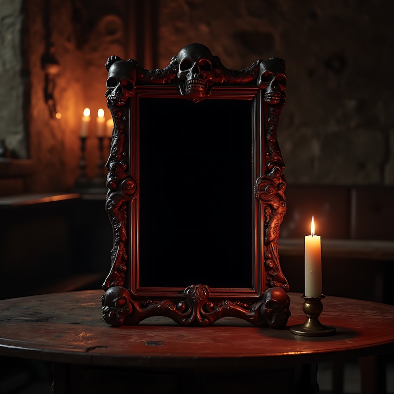 Puede incluir: Un espejo de madera oscura adornado con detalles de calavera y una superficie reflectante negra. El espejo est&aacute; sobre una mesa de madera con una vela encendida delante.