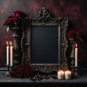 May include: A dark, ornate framed mirror with a black interior, surrounded by red roses in decorative vases and lit candles. The scene is set against a deep red, textured backdrop, creating a gothic or vintage aesthetic. Rose petals are scattered around the base.