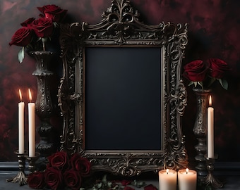 May include: An ornate, dark-framed mirror with a black interior, flanked by red roses in decorative vases and lit candles. The scene is set against a deep red, textured background, creating a gothic or vintage aesthetic. The arrangement includes scattered rose petals.