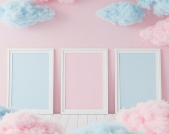 Set of Three Vertical Picture Frame Mockups | Triple Wall Art Poster Display | Minimalist Modern Living Room Interior Frame Mockup |