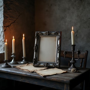Puede incluir: Un marco de fotos plateado adornado con un interior blanco en blanco se encuentra sobre una mesa de madera con tres velas encendidas en candelabros plateados. Las velas son blancas y la mesa es marr&oacute;n.