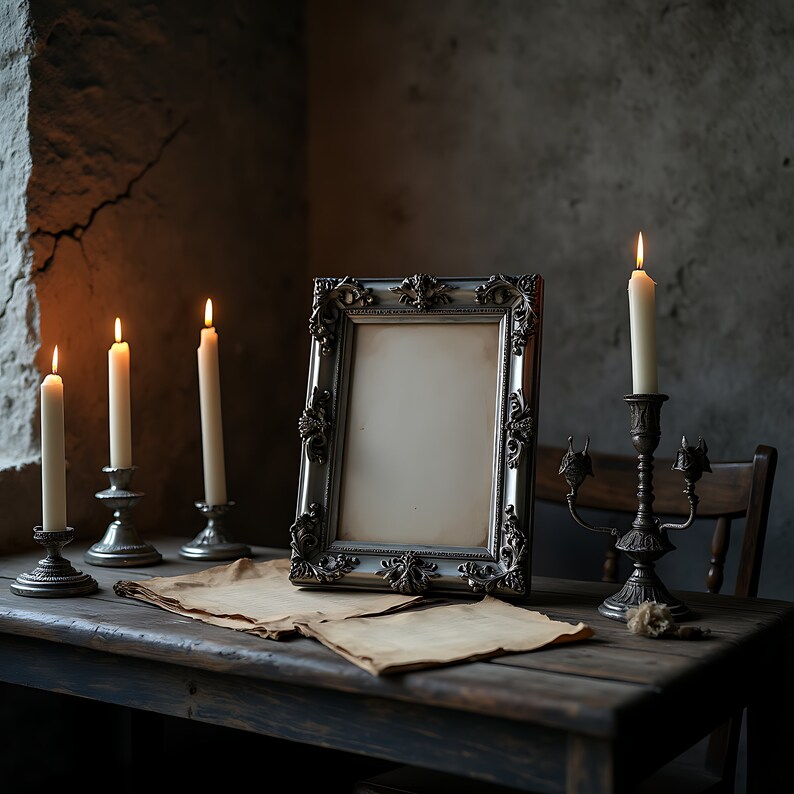 Puede incluir: Un marco de fotos plateado adornado con un interior blanco en blanco se encuentra sobre una mesa de madera con tres velas encendidas en candelabros plateados. Las velas son blancas y la mesa es marr&oacute;n.