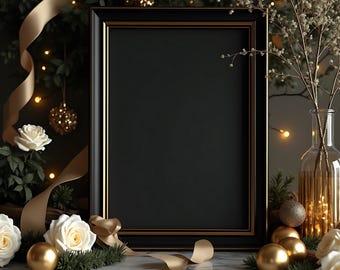Black and Gold Christmas Frame Mockup | Christmas Frame PSD | Digital Frame Mockup | Frame Art Mockup | Poster Mockup | Art Print Mockup |