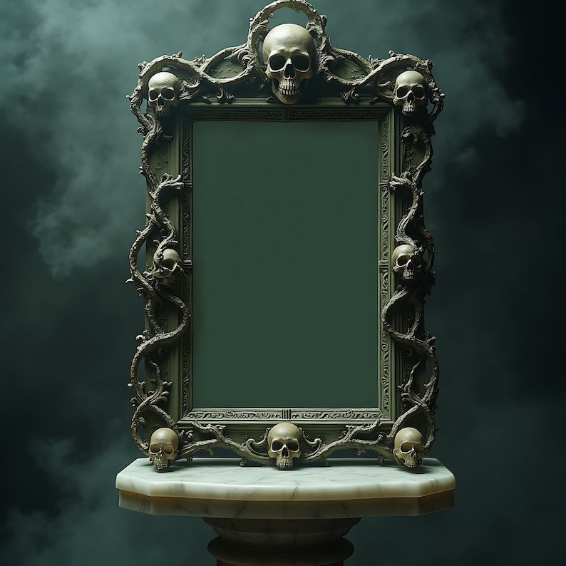 Puede incluir: Un marco de espejo de estilo antiguo adornado con un acabado verde oscuro. El marco est&aacute; decorado con calaveras y enredaderas. El espejo est&aacute; vac&iacute;o y listo para reflejar.