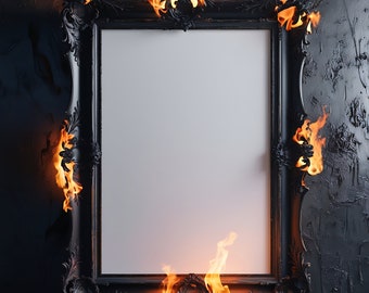 May include: A black ornate picture frame with a white background is engulfed in flames. The frame is decorated with intricate carvings and has a distressed look. The flames are licking at the edges of the frame, creating a dramatic and fiery effect.