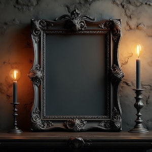 May include: A black ornate picture frame with a dark gray background, set on a dark wooden surface with two black candle holders and lit candles on either side of the frame.