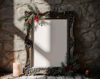 Holiday Christmas Frame Mockup | Festive Wall Art Frame Mockup | Christmas Frame Mockup | Winter Decor Poster Mockup | Elegant Frame Mockup
