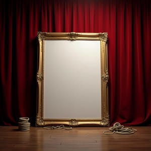 May include: A gold-framed picture with a white background, sitting in front of a red velvet curtain. The picture is on a wooden floor with two pieces of rope on either side.