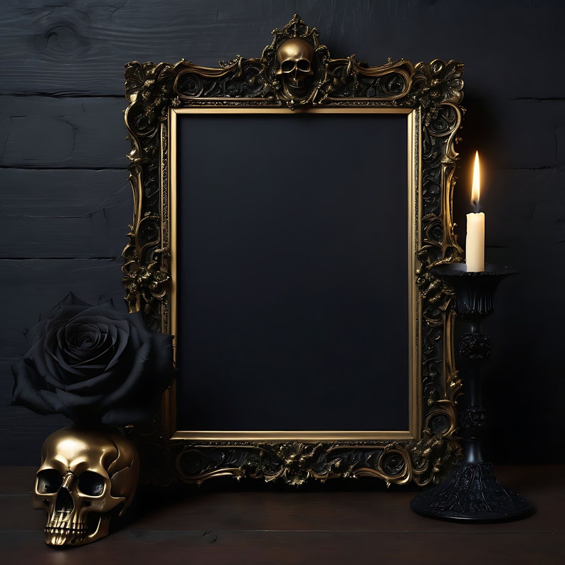 May include: A black rose sits in front of a gold ornate picture frame with a skull at the top. A black candle holder with a lit candle sits to the right of the frame.