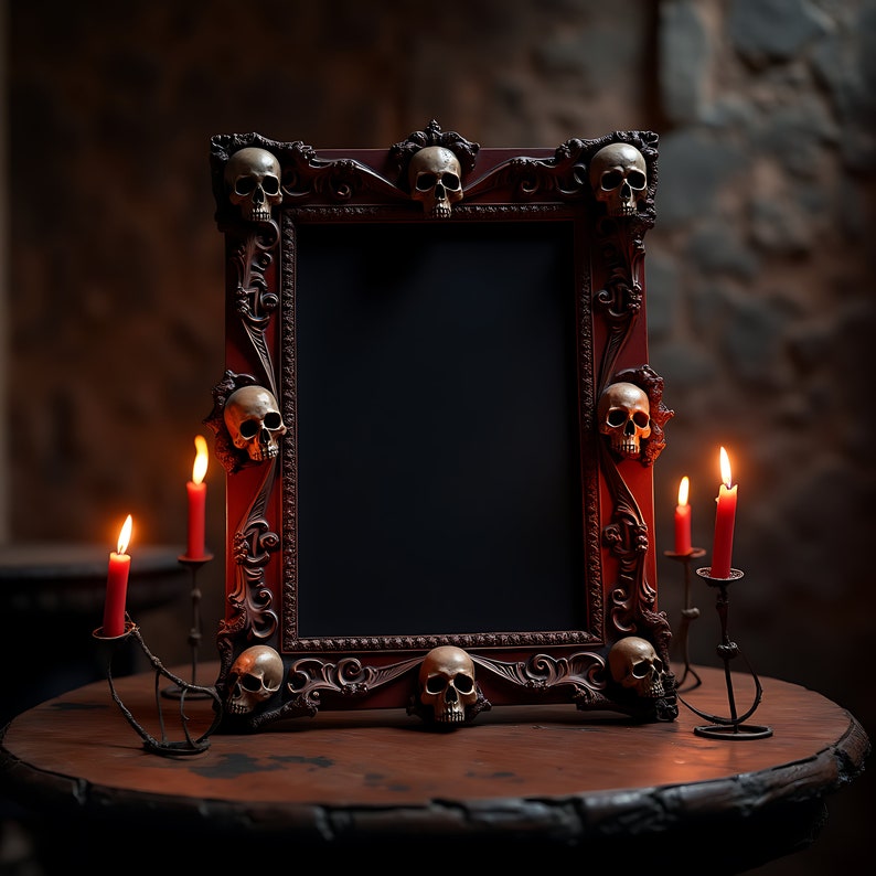 Puede incluir: Un marco de madera rojo oscuro con fondo negro y detalles de calavera. El marco est&aacute; decorado con peque&ntilde;as calaveras detalladas alrededor de los bordes. El marco est&aacute; sobre una mesa de madera con cuatro velas encendidas delante.