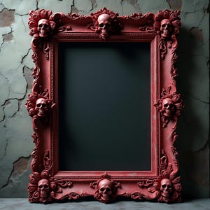 May include: An ornate red picture frame with skull details. The frame is set against a cracked, green wall.