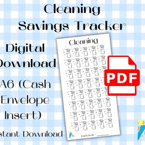 May include: A printable A6 cleaning savings tracker in PDF format. The tracker features a grid of 60 spray bottle icons. The text "Cleaning Savings Tracker" is at the top of the page. The text "Each icon =" is at the bottom of the page.