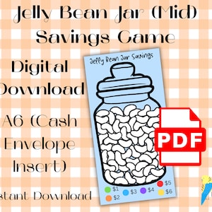 Puede incluir: Descarga digital de un juego de ahorro. El diseño presenta un tarro lleno de gominolas, con un icono PDF y el texto "Jelly Bean Jar Savings". El fondo es un patrón de cuadros naranja claro y blanco.