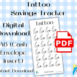 Op de afbeelding: Een afdrukbare A6-formaat PDF-spaartracker met een tattoo-thema. De tracker bevat 30 zwart-wit illustraties van een biceps met een tattoo. De tekst "Elk pictogram =" staat onderaan de pagina.