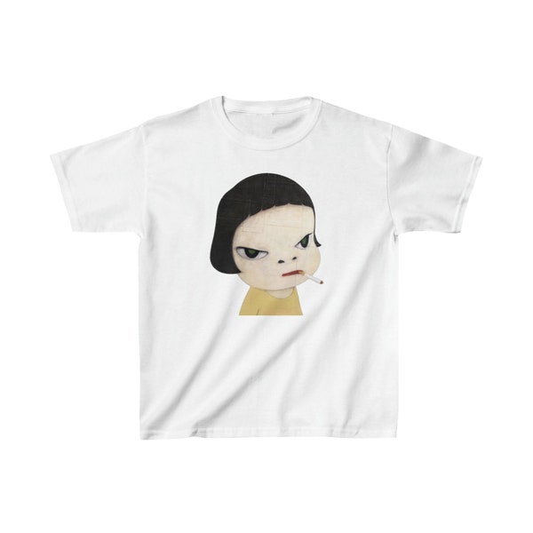 Yoshitomo Nara Too Young To Die Smoking Girl Graphic Baby Tee | Trending Tee, Aesthetic Tee, 90s to Y2K Style Tee, Vintage Inspired Print