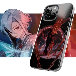 May include: A black phone case with a red and black design featuring a silhouette of a person with wings. The phone case has a cutout for the camera lens.