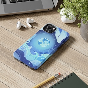 May include: A blue and white phone case with a stylized illustration of a wolf howling at the moon. The case has a cutout for the phone's camera lens.