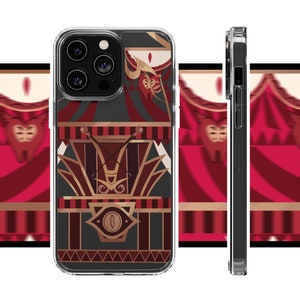 May include: A clear phone case featuring a colourful circus tent design. The case depicts a red and gold tent with a black and white owl design. The case is compatible with iPhone models.