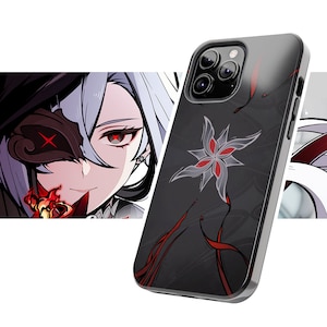 May include: A black iPhone case with a floral design in shades of red and gray. The case has a clear back and a black border. The design features a stylized flower with six petals.