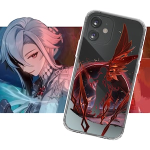 May include: A clear phone case with a red and black design featuring a silhouette of a person with wings. The design is surrounded by a black circle with red accents.