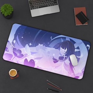 May include: A rectangular mouse mat with a fantasy anime illustration in purple, blue, and white. The design features a character with long dark hair, flowers, and a starry night sky. A white mouse is on the mat.