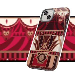 May include: A red, white and black iPhone case with a circus tent design. The case features a red and white striped tent with a gold trim and a black owl design. The case also has a black camera lens cover.