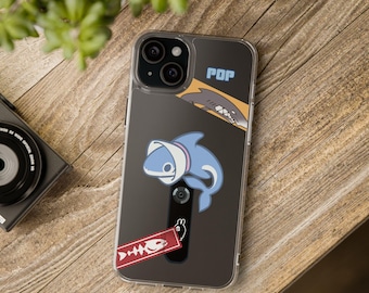 May include: Clear phone case with a shark design. The case features a cartoon shark wearing a white hat and a red tag with a fishbone graphic. The word "POP" is printed on the top of the case.