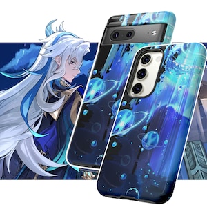 May include: A phone case with a blue and black design featuring a swirling pattern of blue orbs and streaks of light. The case has a cutout for the camera lens.