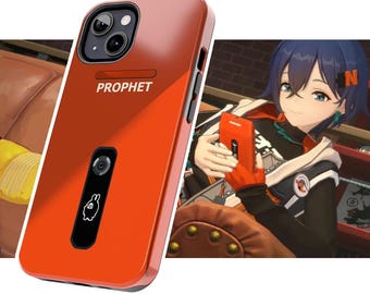 Pode incluir: Uma capa de telefone laranja brilhante com uma lente de câmera preta e a palavra "PROPHET" impressa na frente. A capa tem um recorte preto para a câmera do telefone e um pequeno logotipo de coelho branco.