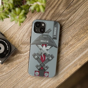 May include: A gray phone case with a graphic of a stylized mouse with a red sword and the text "MICE" and "ROVER".