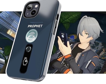 May include: A dark blue phone case with the word "PROPHET" printed on it. The case has a WiFi symbol and a cartoon bunny design. The phone case is shown with a person holding a phone.